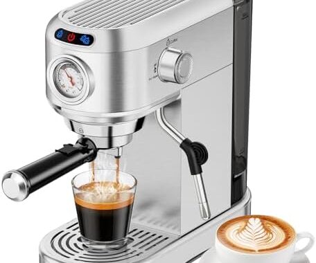 Espresso Machine 20 Bar, Compact Espresso Maker, Stainless Steel Expresso Coffee Machines with Steam Milk Frother & 34oz Removable Water Tank for Cappuccino, Latte, Home Office Use, Silver