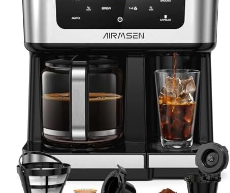 AIRMSEN 12-Cup Programmable Dual Coffee Maker – Single Serve Machine for K-Cup Pods & Ground, 1000W Fast Brew, Delay Start, 2H Keep Warm, Touchscreen, 60oz Tank, Glass Carafe – Home & Office