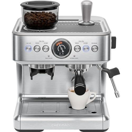 Alt Text for image 1: Chefman Crema Supreme Espresso Machine with milk frother and grinder