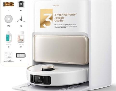 MOVA V50 Ultra Complete Robot Vacuum and Mop, 24,000Pa Suction, Zero Tangling Duobrush, 2.28in Obstacle Overcoming, FlexiRise Navigation, 176°F Hot Water Mop Self-Cleaning & Fast Hot Air Drying, White